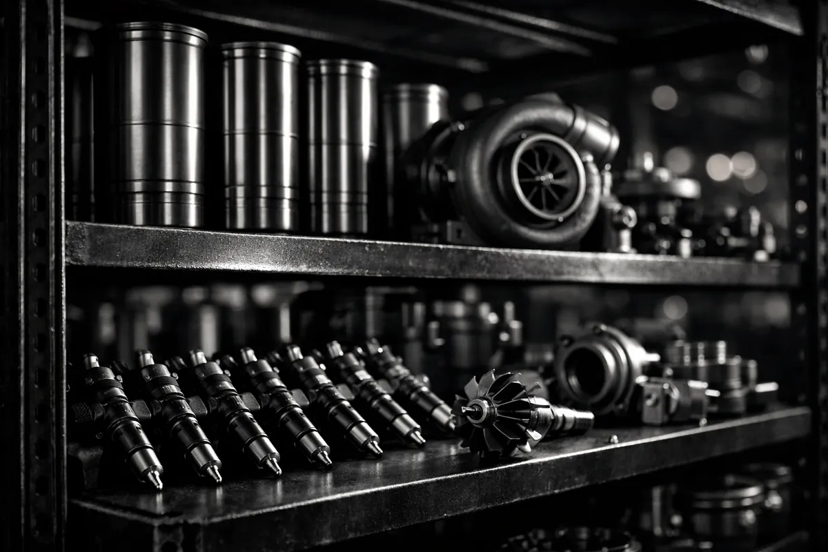Marine engine spare parts — cylinder liners, pistons, and fuel injectors laid out for inspection