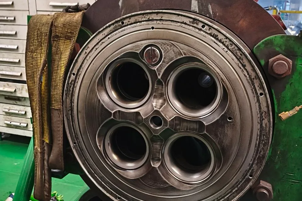 Face of a marine engine cylinder head after removal, showing four valve bores and their seat faces