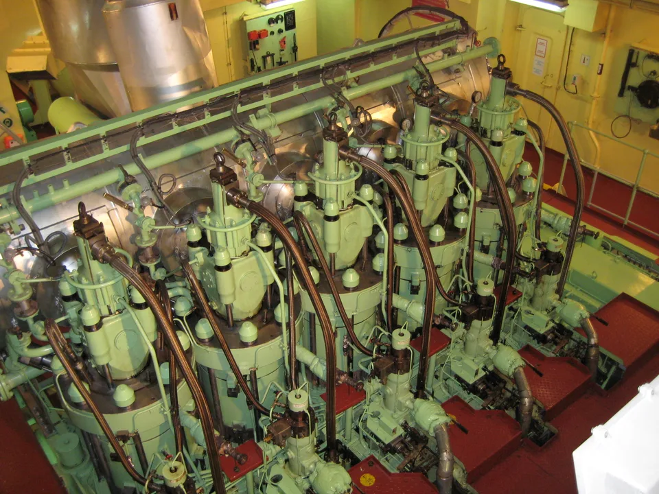 MAN B&W 5S50MC two-stroke main engine in a ship engine room