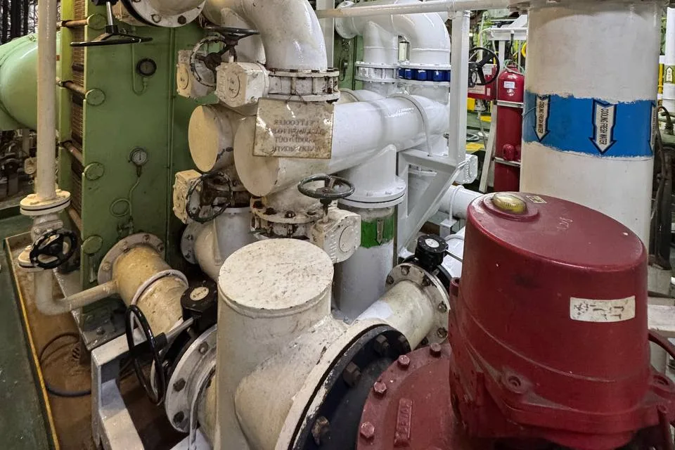 Sea-water side filter and strainer bodies with domed covers on flanged pipework in a ship engine room, a plate cooler behind them and a red pump volute alongside